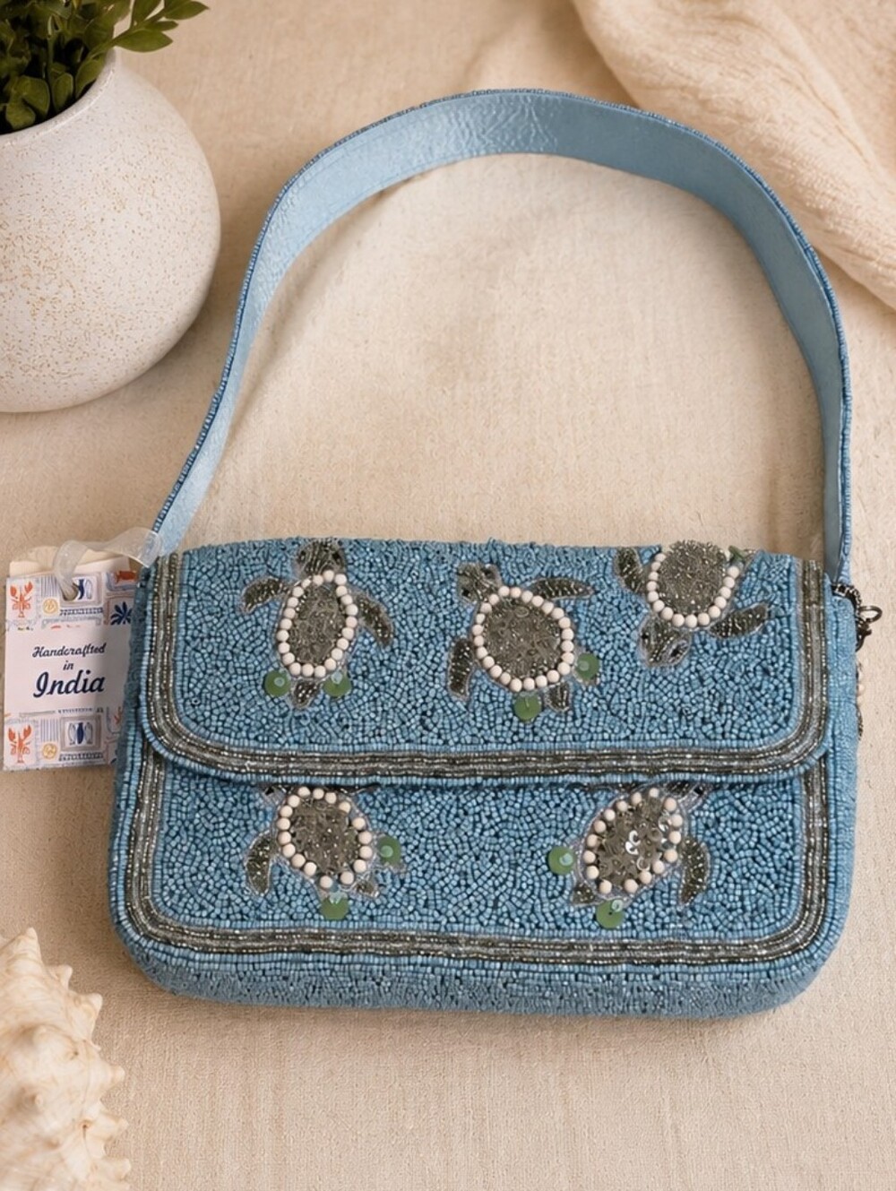 Handcrafted In India Blue Beaded Turtle Shoulder Bag Has Defect NEW